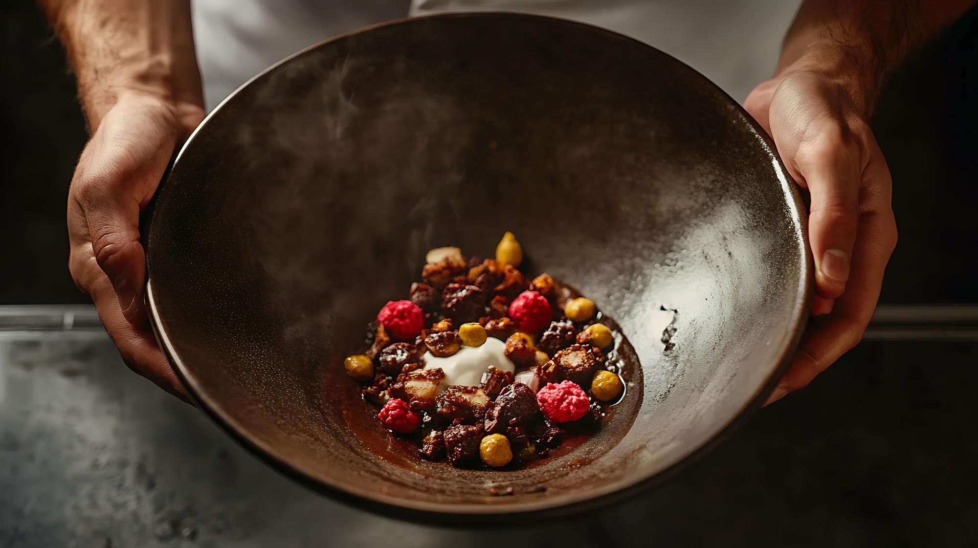 Chef preparing plated dish on wooden table